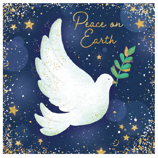 A square art print or card design featuring a white dove carrying a green leaf, set against a dark blue speckled background with gold stars and the words 'Peace on Earth' in gold script. The print is shown centered on a white page with a file code below.