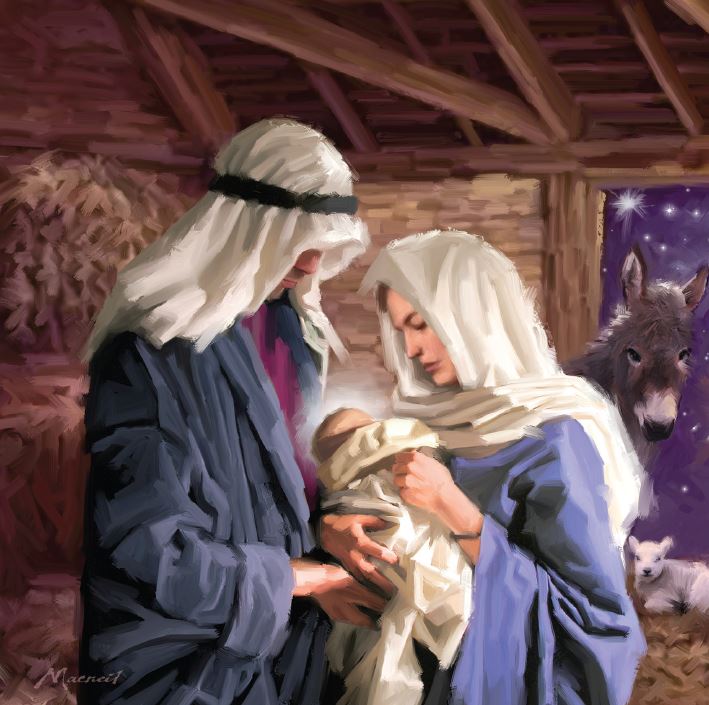 Mary, Joseph and Jesus in a stable